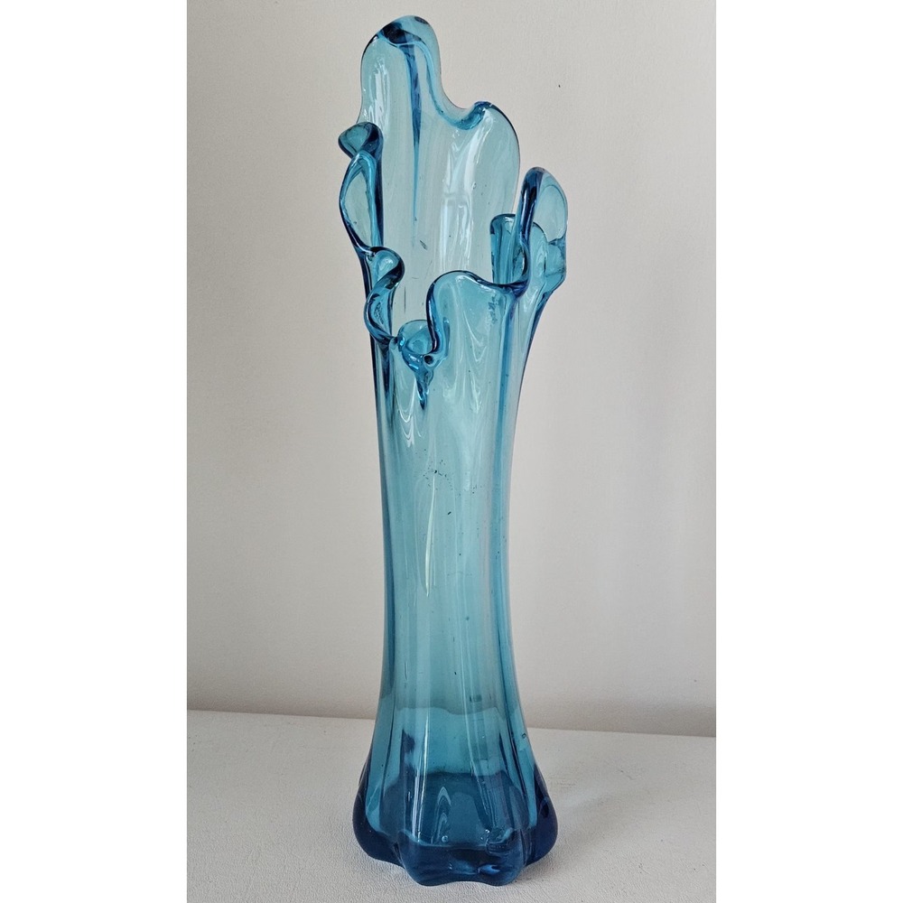 Vintage MCM Blue Swung Glass Vase 13"